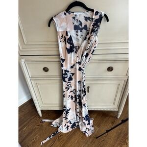 Halston Floral Maxi Wrap Dress Pink Navy White XS Summer Dress Short Sleeve